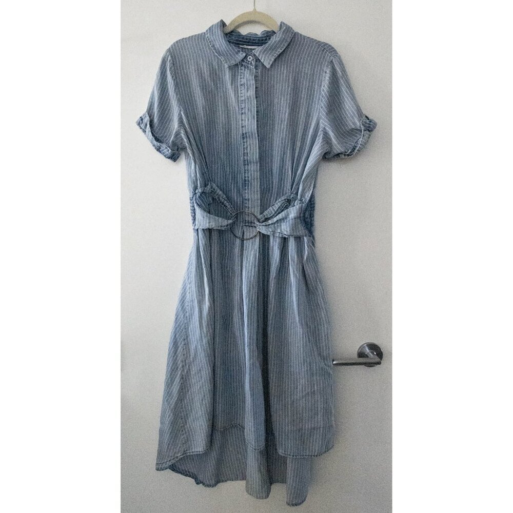 Blue White Stripe Short Sleeve Button front Fit and Flare Dress Belt Detail